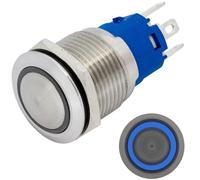Lumonic bouton poussoir en acier inox bombé 19mm diamètre I Avec une LED annulaire en bleu Dimensions: 2,8x0,5mm Pin s 250V 3A I Résistant au vandalisme norme IP65