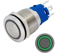 Lumonic bouton poussoir en acier inox bombé 19mm diamètre I Avec une LED annulaire verte Dimensions: 2,8x0,5mm Pin s 250V 3A I Résistant au vandalisme norme IP65