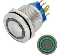 Lumonic bouton poussoir en acier inox bombé 25mm diamètre I Avec une LED annulaire verte Dimensions: 2,8x0,5mm Pin s 250V 3A I Résistant au vandalisme norme IP65