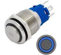 Lumonic bouton poussoir en acier inox en relief Diamètre 16mm I Avec une LED annulaire en bleu Dimensions: 2,8x0,5mm Pin s 250V 3A I Résistant au vandalisme norme IP65