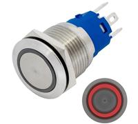 Lumonic bouton poussoir plat en acier inox, diamètre 19mm I Avec une LED annulaire rouge Dimensions: 2,8x0,5mm Pin s 250V 3A I Résistant au vandalisme