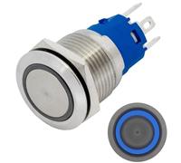 Lumonic bouton poussoir plat en acier inox, diamètre 19mm I Avec une LED circulaire bleue Dimensions: 2,8x0,5mm Pin s 250V 3A I Résistant au vandalisme norme IP65