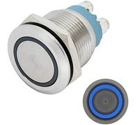 Lumonic bouton poussoir plat en acier inox, diamètre 19mm I Avec une LED circulaire bleue Dimensions: raccord à vis 250V 3A I Résistant au vandalisme norme IP65