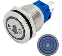 Lumonic bouton poussoir plat en acier inox, diamètre 19mm I Avec une LED en forme de cloche bleue Dimensions: 2,8x0,5mm Pin s 250V 3A I Résistant au v