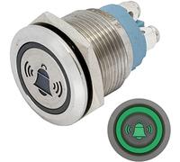 Lumonic bouton poussoir plat en acier inox, diamètre 19mm I Avec une LED verte en forme de cloche Dimensions: raccord à vis 250V 3A I Résistant au vandalisme norme IP65