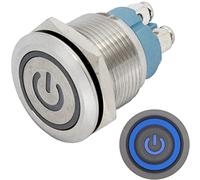 Lumonic bouton poussoir plat en acier inox, diamètre 19mm I Avec une Power LED en bleu Dimensions: raccord à vis 250V 3A I Résistant au vandalisme selon le standard IP65