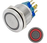 Lumonic bouton poussoir plat en acier inox, diamètre 22mm I Avec une LED annulaire rouge Dimensions: 2,8x0,5mm Pin s 250V 3A I Résistant au vandalisme norme IP65