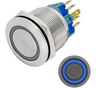 Lumonic bouton poussoir plat en acier inox diamètre 25mm I Avec une LED circulaire bleue Dimensions: 2,8x0,5mm Pin s 250V 3A I Résistant au vandalisme