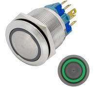 Lumonic interrupteur à poussoir en acier inox bombé 22mm diamètre I Avec une LED annulaire en vert Dimensions: 2,8x0,5mm Pin s 250V 3A I Résistant au vandalisme norme IP65