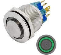 Lumonic interrupteur à poussoir en acier inox en relief 25mm diamètre I Avec une LED annulaire en vert Dimensions: 2,8x0,5mm Pin s 250V 3A I Résistant au vandalisme norme IP65