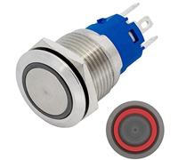 Lumonic interrupteur à poussoir en acier inox plat diamètre 19mm I Avec une LED annulaire en rouge Dimensions: 2,8x0,5mm Pin s 250V 3A I Résistant au
