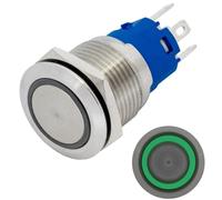 Lumonic Interrupteur à poussoir en acier inox plat diamètre 19mm I Avec une LED annulaire en vert Dimensions: 2,8x0,5mm Pin s 250V 3A I Résistant au v
