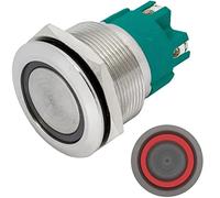 Lumonic interrupteur à poussoir en acier inoxydable, plat, diamètre 25mm I Avec une LED annulaire rouge Dimensions: raccord à vis 250V 3A I Résistant au vandalisme norme IP65
