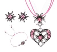 LUMOOM Ensemble de bijoux traditionnels pour femme avec collier edelweiss et boucles d'oreilles - Collier bavarois pour femme - Fête de la bière - Costume traditionnel Dirndl (rose)