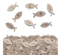 LUMOOM Lot de 100 poissons en bois à disperser pour communion, baptême, décoration de table, première communion et confirmation, pour fille garçon, avec inscription bénédiction, pour fête prénatale (A
