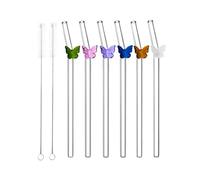 LUMOOM Lot de 6 pailles en verre avec motif, longues, réutilisables, avec 2 brosses de nettoyage, pour cocktails, smoothies, café (papillon)