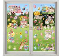 LUMOOM Lot de 9 feuilles d'autocollants pour fenêtre de Pâques - Décoration de Pâques - Mignon lapin, œufs et fleurs - Réutilisables - Décoration de chambre d'enfant (A)
