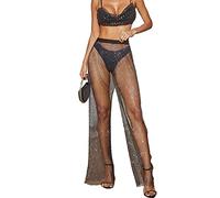 LUMoony Femmes Pantalons en résille avec des Pierres de Strass Coup Pantalons en Maille Transparente Creux Parties inférieures Strass Pantalons en résille Cristal Pantalon Taille Haute Leggings