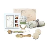 LUMS Panier bébé nouveau-né - Set original avec 6 produits : cadre empreintes digitales, couverture, hochet, peigne et plus encore - Panier cadeau idéal pour fête prénatale, garçon ou fille - Cadeau