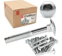 Lun Fix - Boulons de carrosserie avec collet carré - M12 x 60-1 kg (14 pièces) - Vis à tête bombée - Filetage complet - Vis à tête champignon - Acier galvanisé