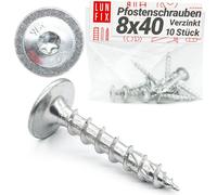 Lun Fix Lot de 10 vis pour poteau - 8,0 x 40 mm - T40 - Vis de connecteur de poteau - Protection contre la corrosion - Vis à tête champignon Torx - Acier galvanisé blanc - Vis d'ancrage pour support