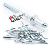 LUN FIX Rivet Pop Aluminium 4x10 mm, DIN 7337, 50 Pcs, Fixation Aveugle Metal Tige Acier, Rivets Pop Plaque Immatriculation, Pour Tole, Montage Atelier Carrosserie Automobile Réparation