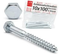 LUN FIX Tirefond 10x100 mm, DIN 571, Vis A Bois, Tete Hexagonale, Acier Zingue, 5 pcs, Visserie Charpente, Fixation Poteau Cloture, Support Ossature, Cheville Beton, Montage Portillon Panneau