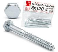 LUN FIX Tirefond 8x120 mm, DIN 571, Vis A Bois, Tete Hexagonale, Acier Zingue, 10 pcs, Visserie Charpente, Fixation Poteau Cloture, Support Ossature, Cheville Beton, Montage Portillon Panneau
