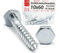 Lun Fix Vis à Bois 10 x 60 mm Acier Zingué - 10 Pièces | Tirefond Hexagonal | Cheville Béton | Support Poteau Bois | Visserie Métal | Portillon | Alternative Inox