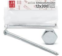 Lun Fix Vis à Bois 12 x 300 mm Acier Zingué - 2 Pièces | Tirefond Hexagonal | Cheville Béton | Support Poteau Bois | Visserie Métal | Portillon | Alternative Inox