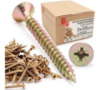 LUN FIX Vis a Bois 3,0x30 mm, 1000 Pièces, Jaune Galvanisée, Cruciforme PZ1, Tête Fraisée, Filetage Complet Autoforeuse, Universelles, Autotaraudeuses, pour Terrasse, Panneau Bois, Toit