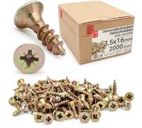 LUN FIX Vis a Bois 3,5x16 mm, 2000 Pièces, Jaune Galvanisée, Cruciforme PZ2, Tête Fraisée, Filetage Complet Autoforeuse, Universelles, Autotaraudeuses, pour Terrasse, Panneau Bois, Toit
