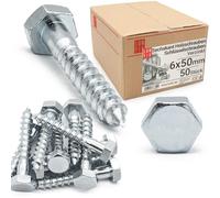 Lun Fix Vis à Bois 6 x 50 mm Acier Zingué - 50 Pièces | Tirefond Hexagonal | Cheville Béton | Support Poteau Bois | Visserie Métal | Portillon | Alternative Inox