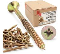 LUN FIX Vis a Bois 6x90 mm, 100 Pièces, Jaune Galvanisée, Cruciforme PZ3, Tête Fraisée, Filetage Complet Autoforeuse, Universelles, Autotaraudeuses, pour Terrasse, Panneau Bois, Toit