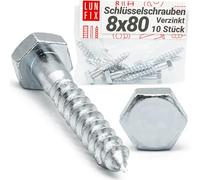 Lun Fix Vis à Bois 8 x 80 mm Acier Zingué - 10 Pièces | Tirefond Hexagonal | Cheville Béton | Support Poteau Bois | Visserie Métal | Portillon | Alternative Inox