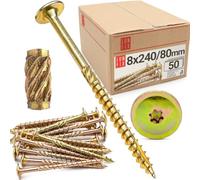 LUN FIX Vis à Bois de Charpente 8x240 mm, 50 pcs, TX40 Tête Plate Large | À Empreinte Torx, En Acier Zingué, Pour Terrasse, Toiture, Panneaux, Chevrons, Pour Constructions en Bois et de Toit
