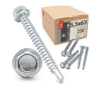 LUN FIX Vis trapézoïdales 5,5x63 mm, DIN 7504K, tête hexagonale, acier galvanisé, vis autotaraudeuses, vis à tôle, vis auto-découpantes pour tôle ondulée, tôle de toiture, tôle de bardage, 250 pcs.