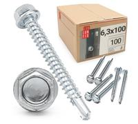 LUN FIX Vis trapézoïdales 6,3x100 mm 100 pièces acier galvanisé | DIN 7504K, tête hexagonale, vis auto-foreuses, vis auto-taraudeuses, tôle de toiture, tôle ondulée