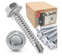 LUN FIX Vis trapézoïdales 6,3x50 mm 50 pcs. DIN 7504K acier galvanisé | tête hexagonale, vis auto-foreuses, vis autotaraudeuses, tôle de toit, tôle ondulée