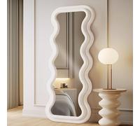 LunaMirror Long miroir de sol ou mural pleine longueur 160x60 cm avec cadre ondulé en flanelle ivoire, pour chambre et entrée, à adosser ou accrocher