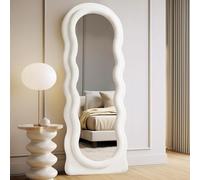 LunaMirror Miroir mural pleine longueur de forme ondulée irrégulière, avec support et cadre en flanelle ivoire, pour chambre à coucher et entrée, 160 x 60 cm