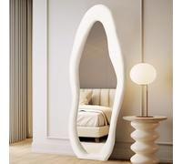 LunaMirror Miroir mural pleine longueur de forme ondulée irrégulière, avec support et cadre en flanelle ivoire, pour chambre à coucher et entrée, 160 x 60 cm