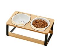 Lunaobrik Cat Food Bowls surélevés, bol pour chat surélevé, gamelles surélevées pour chats d'intérieur, bol double en céramique avec base en bois antidérapante, incliné pour chiot appartement à