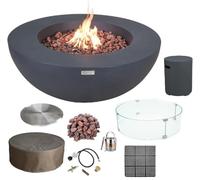 Lunar Bowl - Ensemble de brasero d'extérieur en béton coulé, table de patio avec brasero de 106,7 cm, pare-brise en verre, housse en acier inoxydable et toile (gris foncé, combustible : gaz naturel)