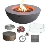Lunar Bowl - Ensemble de brasero d'extérieur en béton coulé, table de patio avec brasero de 107 cm, pare-brise en verre, acier inoxydable et housse en toile (gris clair, combustible : gaz naturel