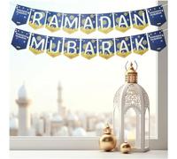 Lunarae Guirlande Ramadan Mubarak en or & bleu I Double banniere Ramadan de decoration "RAMADAN MUBARAK" I 2x3m, lettres I Decoration Ramadan 2025 I Deco ramadan ديكور عيد مبارك