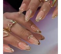 LunarCharm 24 pièces de faux ongles French Tip dorés, ongles faux nude, moyen âge, ongles artificiels avec design de perles et strass, ongles collants brillants, ongles autocollants 3D or