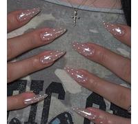 LunarCharm 24 pièces d'ongles press-on avec design moderne à pois et chromé - glaçure rose nude avec effet aurora irisé, brillant et adapté au quotidien