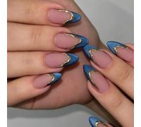 LunarCharm 24 pièces Ongles Press-on à Bout français avec Effet œil de Chat Bleu et Bord doré, Ongles artificiels en Amande, réutilisables, pour Le Quotidien