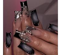 LunarCharm 24 pièces ongles pressés, longs, carrés, noirs, ongles artistiques ombrés avec croix décorative, brillant, couverture complète, faux ongles noirs